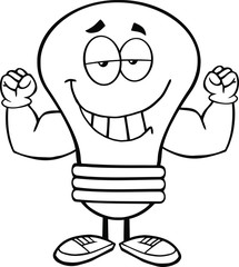 Outlined Light Bulb Cartoon Mascot Character With Muscle Arms