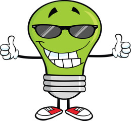 Green Light Bulb With Sunglasses Giving A Double Thumbs Up