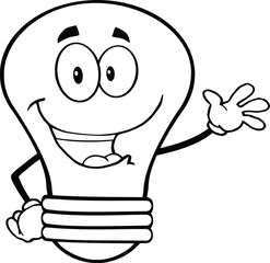 Outlined Light Bulb Cartoon Mascot Character Waving For Greeting
