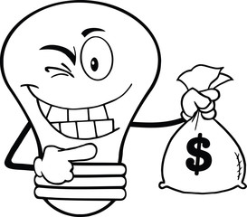 Outlined Light Bulb Cartoon Character Holding A Bag Of Money