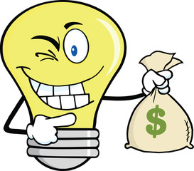 Light Bulb Cartoon Mascot Character Holding A Bag Of Money