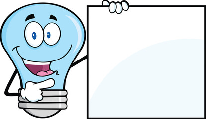 Blue Light Bulb Cartoon Mascot Character Showing A Blank Sign