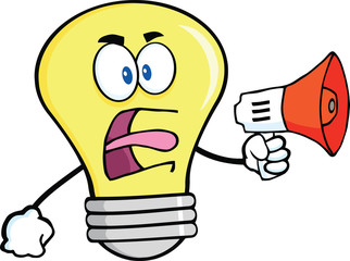 Angry Light Bulb Character Screaming Into Megaphone