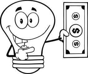Outlined Light Bulb Character Showing A Dollar Bill