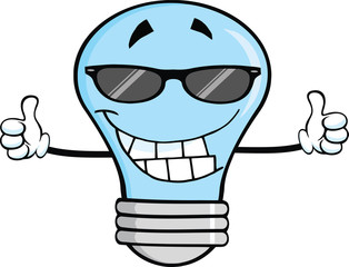 Blue Light Bulb With Sunglasses Giving A Double Thumbs Up