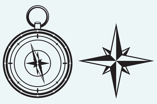Black wind rose and compass isolated on blue background