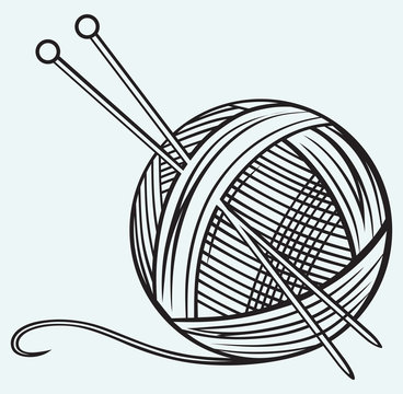 Ball of yarn and needles isolated on blue background