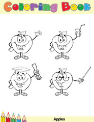 Coloring Book Page Apples Cartoon Character 4