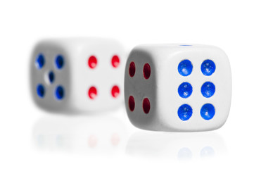 two white dice stand  on a white background