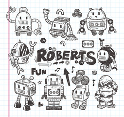 set of doodle robot icons, illustrator line tools drawing. - 54951145