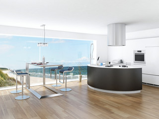 Modern luxury kitchen interior with fantastic seascape view
