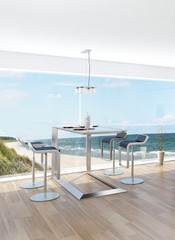Fototapeta na wymiar Modern interior with dining table and fantastic seascape view