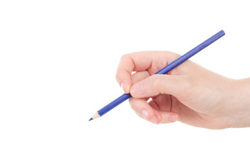 Caucasian hand with blue pencil