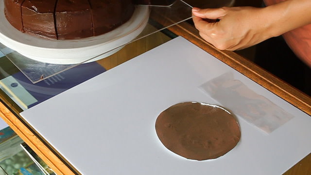 Packing piece of chocolate cake