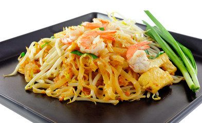 Thai food Pad thai , Stir fry noodles with shrimp on black plate