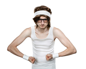 Funny retro nerd flexing his muscle isolated on white background - obrazy, fototapety, plakaty
