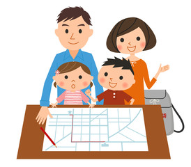 避難経路を確認する家族