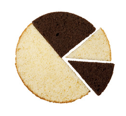 Chocolate and white sponge cakes slices on white  isolated backg