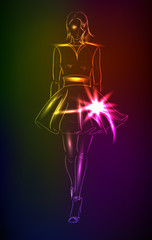 Hand-drawn fashion model from a neon. A light girl's