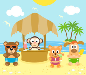 Summer background with funny animals on the beach