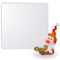 Ein Weihnachtswichtel hält ein quadratisches, leeres Schild