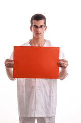 doctor or assistant dressed in white showing empty sign with cop