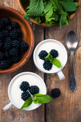 Two cups of creamy yogurt with blackberries