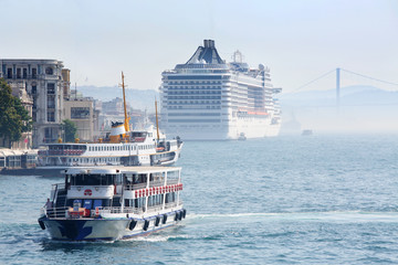 Large passenger liners in harbor at sunny summer day