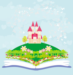 Fototapeta na wymiar Magic world of tales, fairy castle appearing from the book