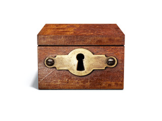 Vintage wooden box with decorative metal keyhole