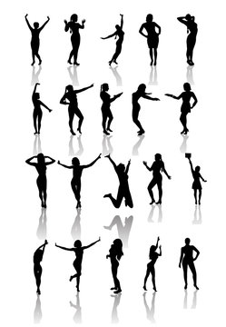 Set of silhouettes of dancing  and jumping girls.