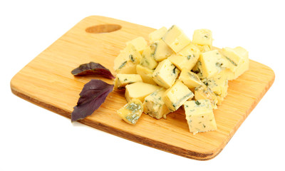 Tasty blue cheese on cutting board, isolated on white