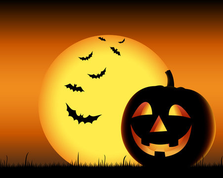 Grinning pumpkin with bats on backgound halloween
