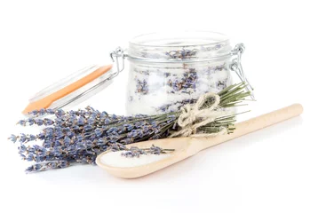 Fotobehang Jar of lavender sugar and fresh lavender flowers isolated © Africa Studio