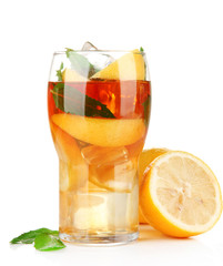 Iced tea with lemon and mint isolated on white
