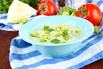 Cabbage soup in plates on napkin on wooden table