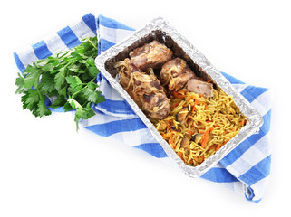 Food in box of foil on napkin  isolated in white