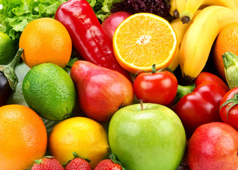 Naklejka na ściany i meble bright background of ripe fruits and vegetables