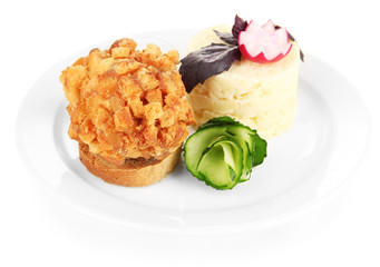 Chicken Kiev  and mashed potatoes on plate, isolated on white