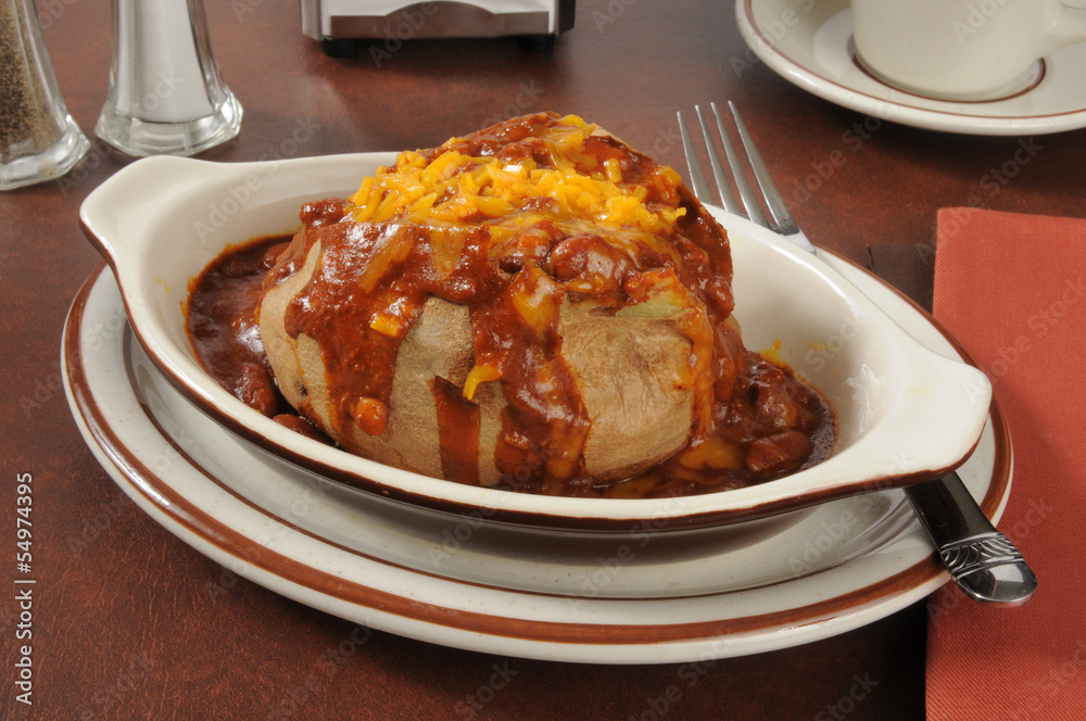 Poster baked potato with chili and cheese