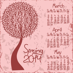 2014 spring calendar with seasonal tree