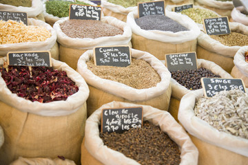 Spice market, bags of colorful spices