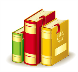 Tree books gold red green colors with bookmarks