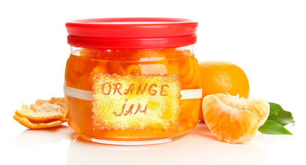 Orange jam with zest and tangerines, isolated on white