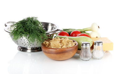 Ingredients for cooking pasta isolated on white