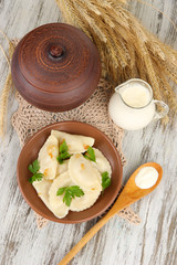 Tasty dumplings with fried onion