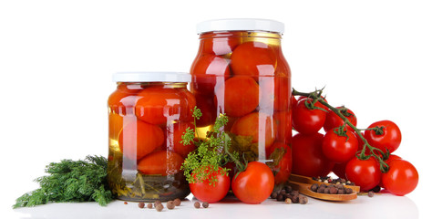 Tasty canned and fresh tomatoes, isolated on white