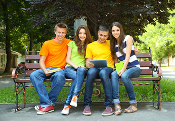 Happy group of young students sitting in park