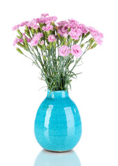 Many small pink cloves in blue vase isolated on white