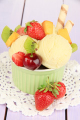 Delicious  ice cream with fruits and berries in bowl